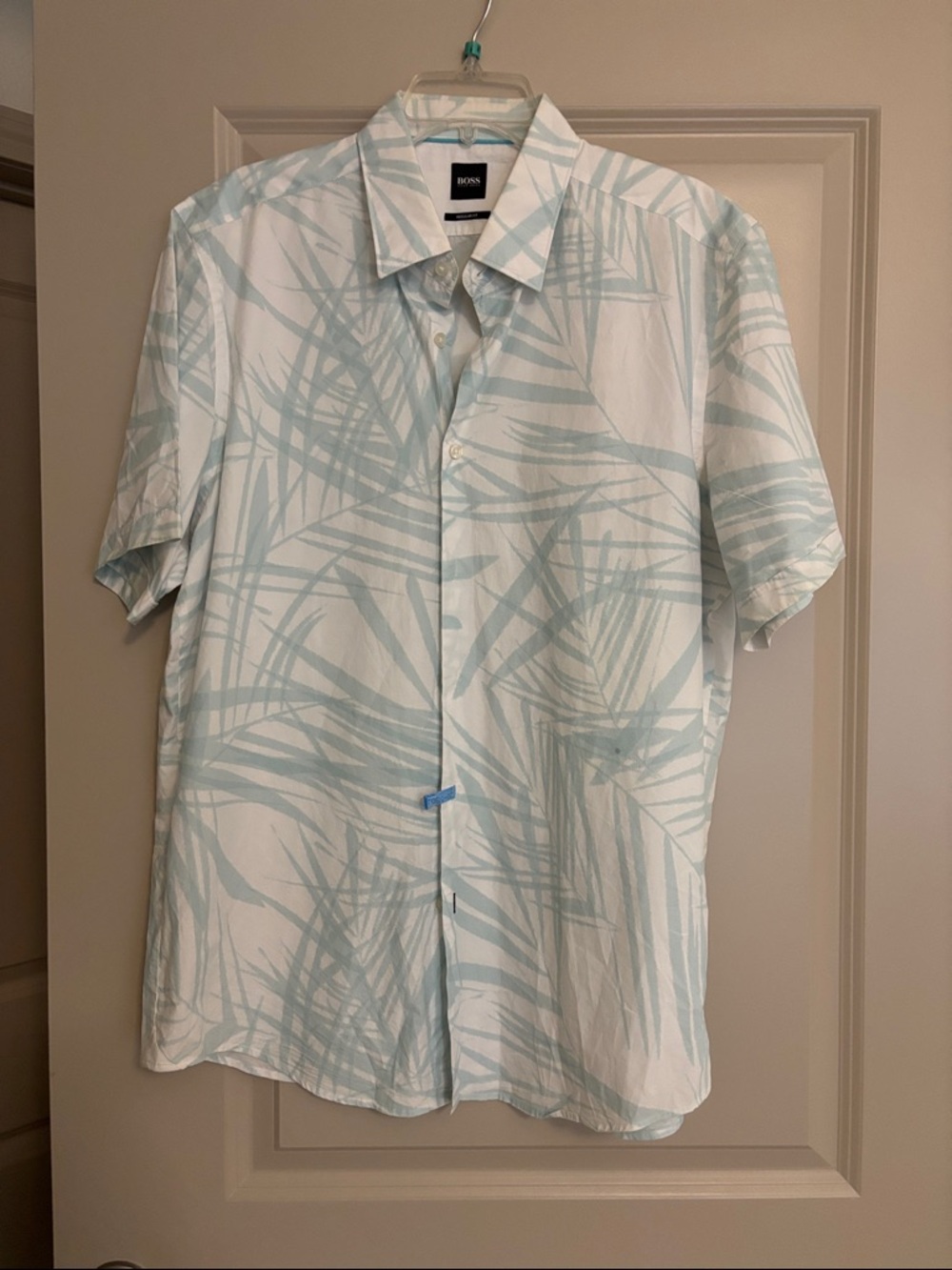 Men’s Hugo Boss Hawaiian Print Celadon Green colored shirt in size XL
